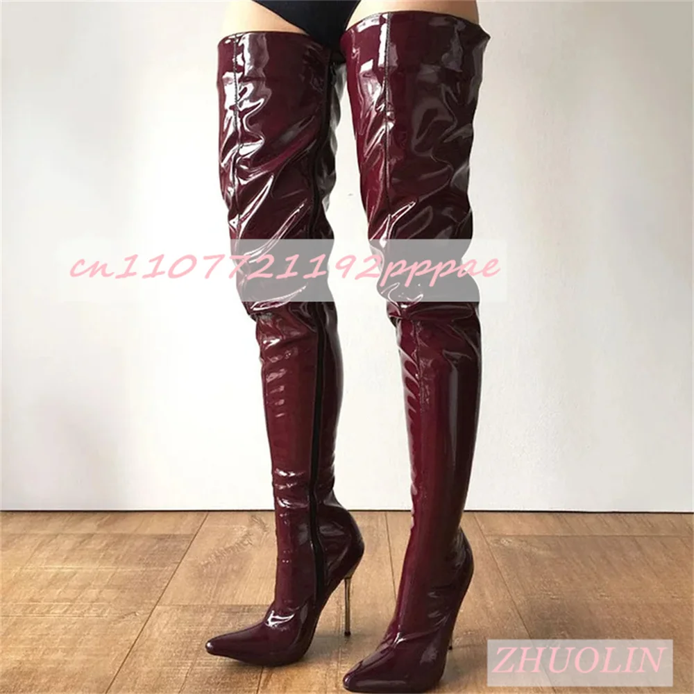 

Autumn Wine Red Shiny Metal Heel Over The Knee Boots Pointed Side Zipper Stretch Boots Sexy T-Stage Show Pole Dance Long Boots