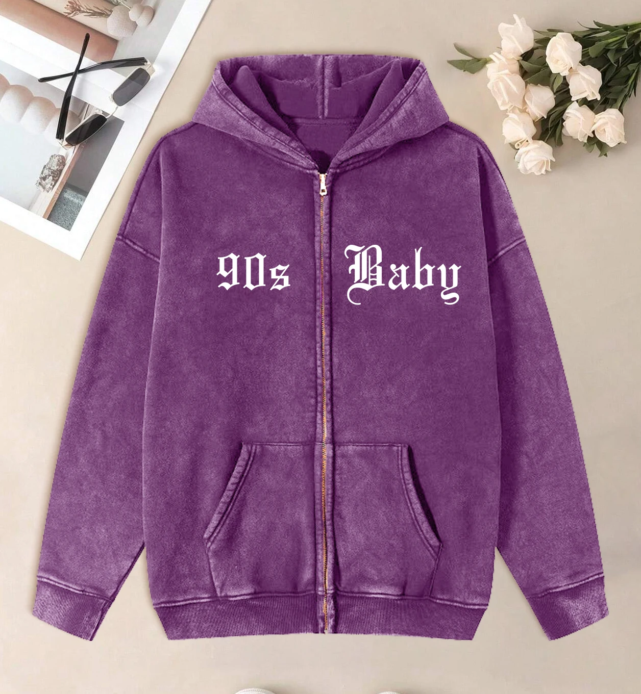 90S Baby Art Letter Pattern Washed Zipper Hoodies Female Loose Comfortable Hoodie Soft Cotton Zip-Up Hoody Casual Street Top