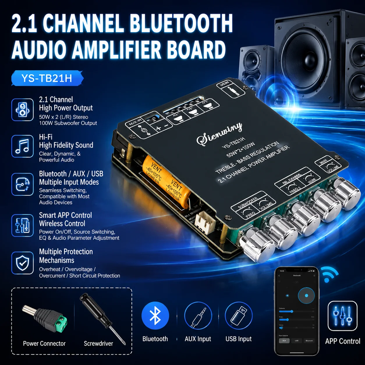 placa-amplificadora-bluetooth-ys-tb21h-21-canais-200w-classe-d-50w-2-100w-subwoofer-graves-agudos-usb-app-mic-ktv-dc12-24v-hifi-diy-para-caixas-de-som