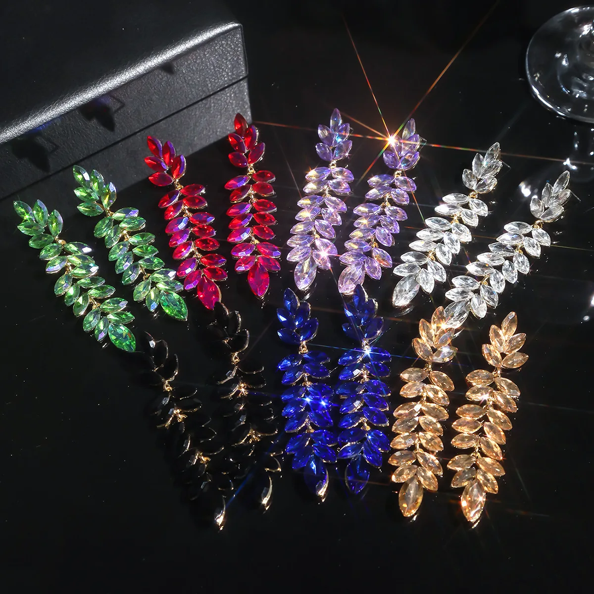 Stained glass rhinestone long earrings women, luxury stud earrings, ear jewelry earrings