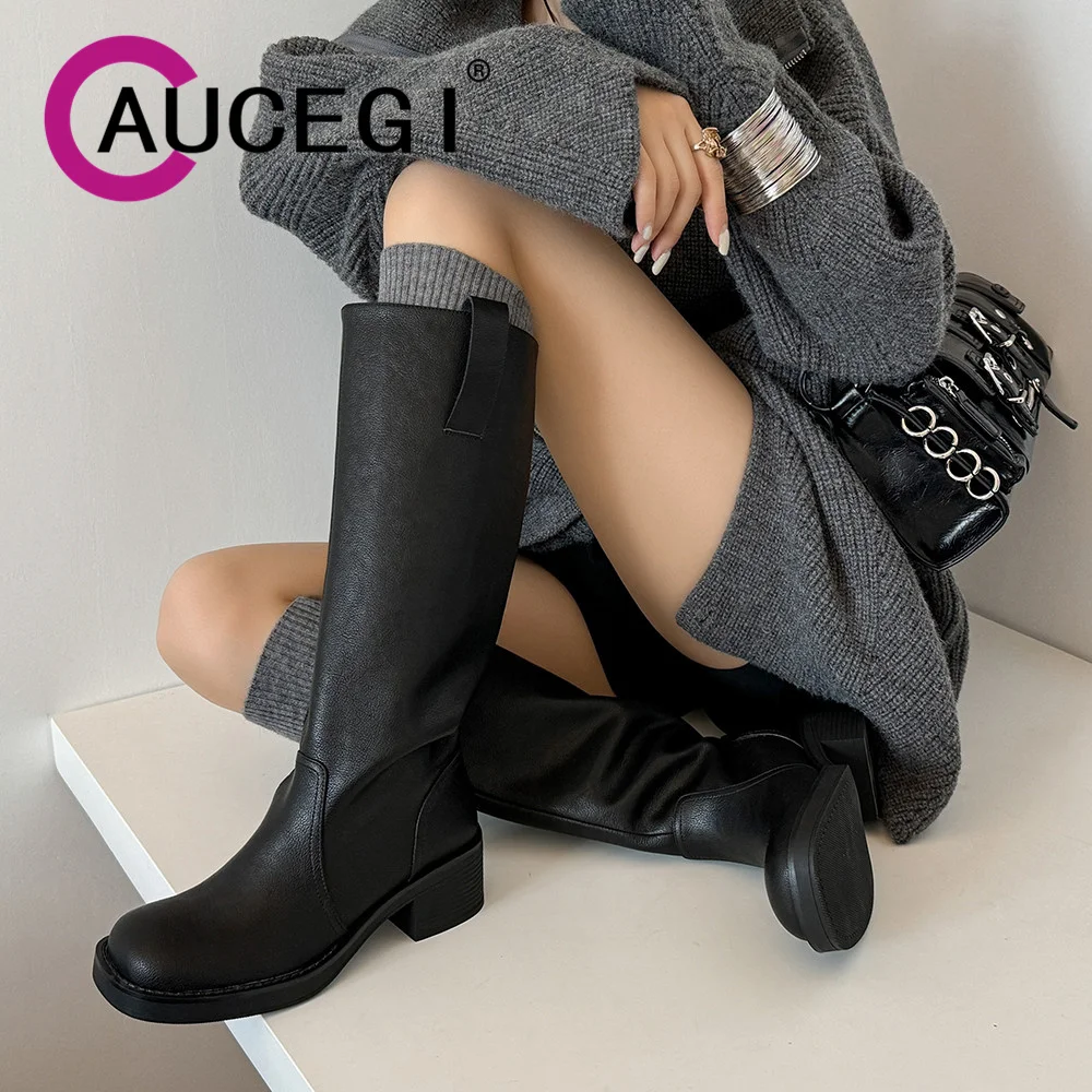 Aucegi gran oferta Otoño Invierno cuero genuino montar hasta la rodilla botas clásicas simplicidad punta redonda tacón grueso zapatos casuales de mujer