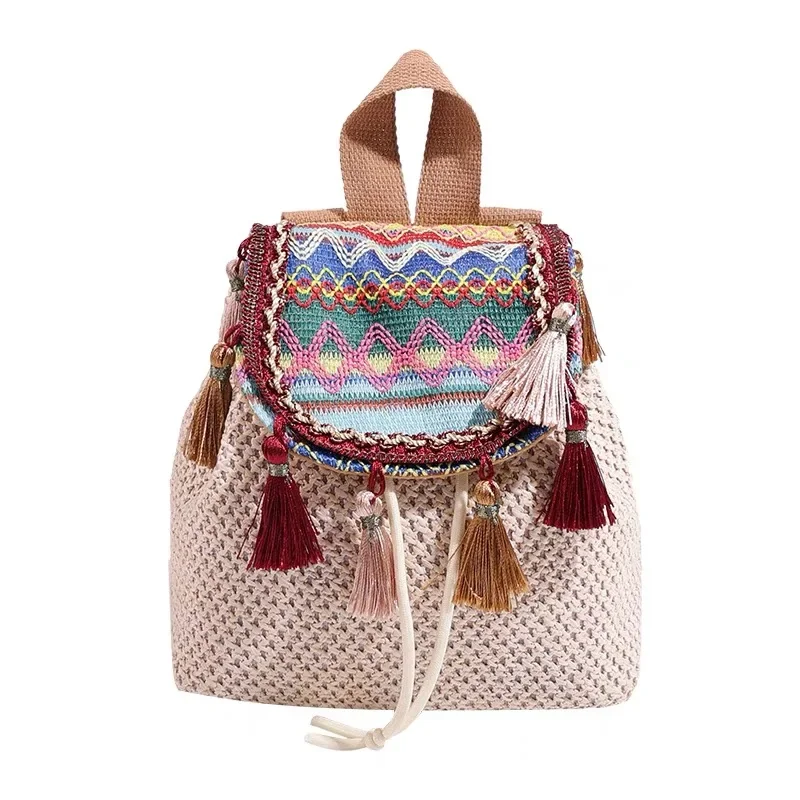 Ladies Short Distance Travel Fashion Light Large Capacity Tassel Embroidery Line Ethnic Wind Backpack Leisure Walking Small Back