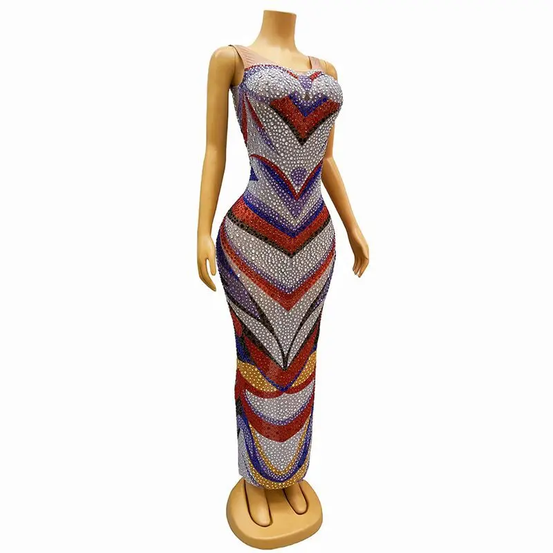 Rainbow Rhinestone Striped Ball Dress Sleeveless Breast Wrap Temperament Stage Hosting Performance Dress