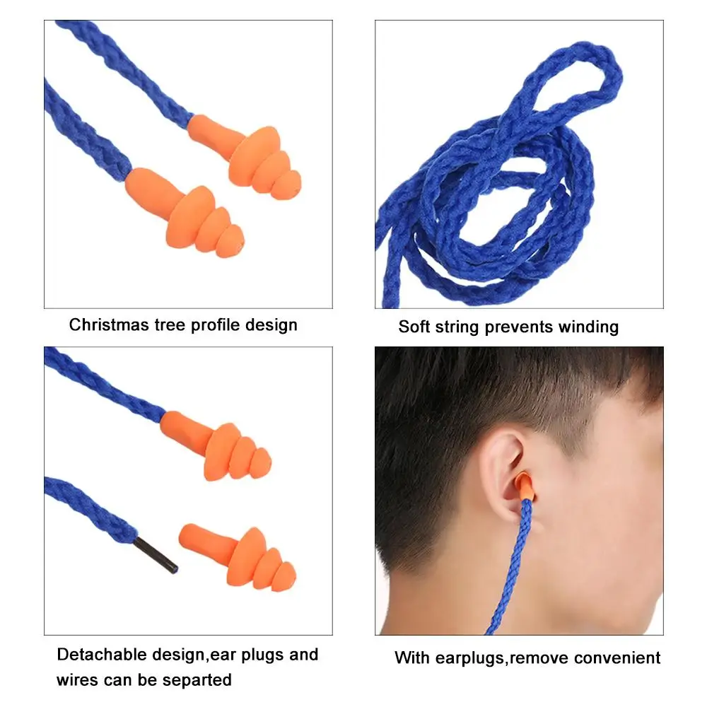 Tampões anti-ruído reutilizáveis com fio, Earmuff Soft Silicone, Natação Audição, Proteção Auditiva, 10pcs