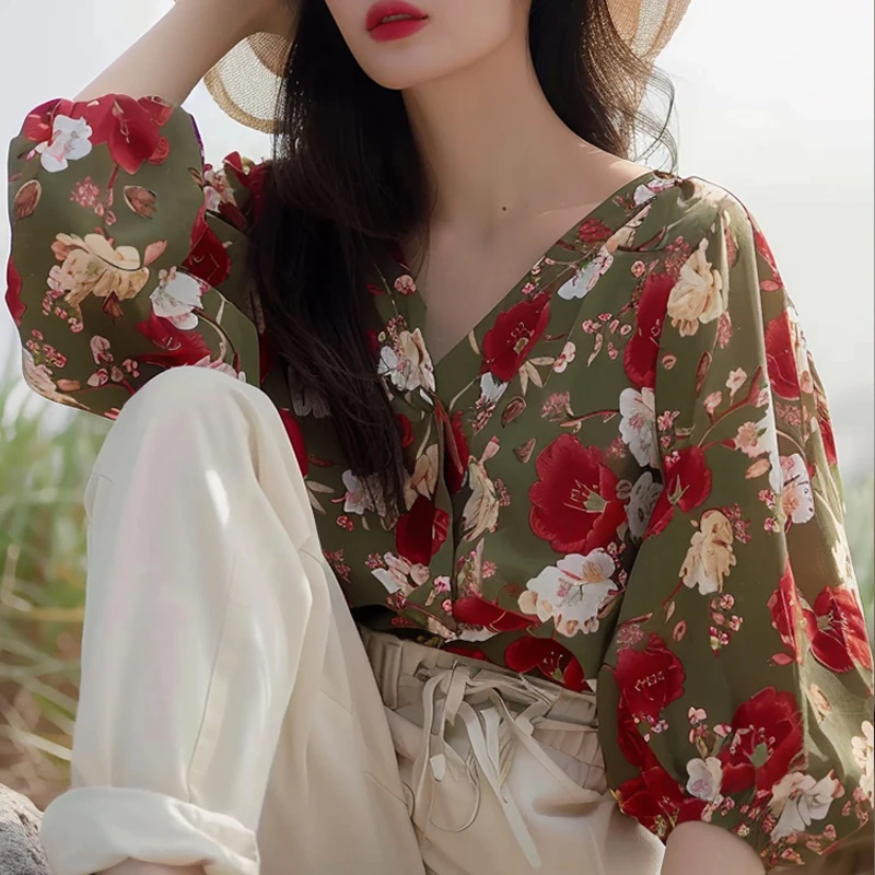 Chiffon Women's Shirt Spring/Summer Vintage Prints Blouses Loose Nine Quarter Women Tops Polo-necks Fashion Clothing 2024 Korean