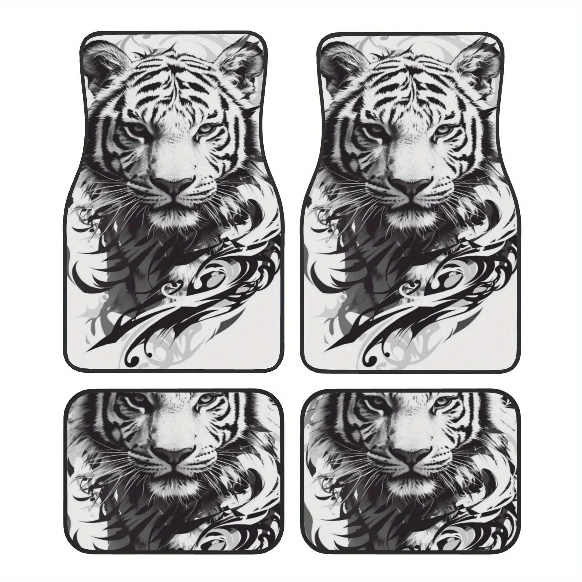 Set Of 4 Artistic Tiger Pattern Car Floor Mats, Featuring Polyester Fabric, Complete Coverage For Front And Back, Enhancing Inte