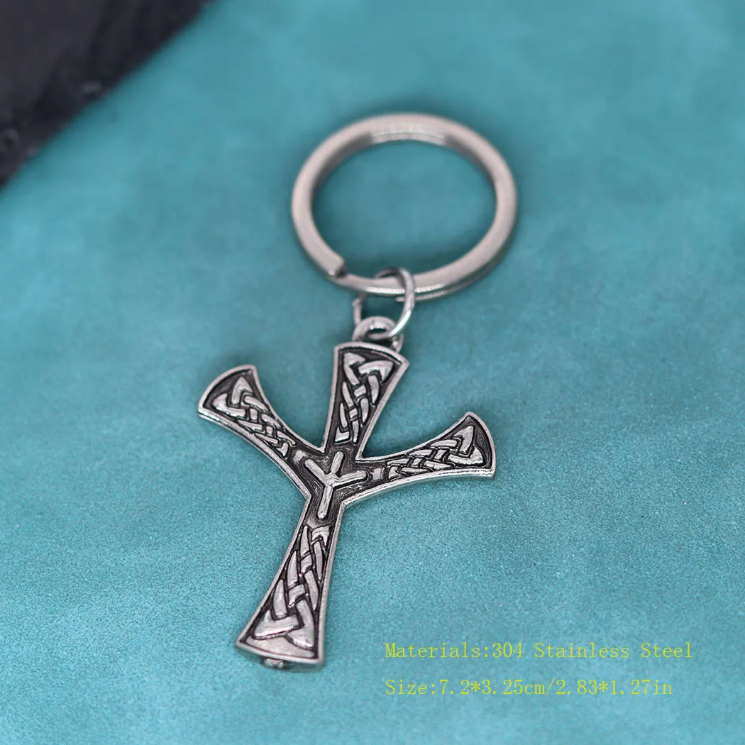 Algiz Rune Cross Pendant Keychain Elhaz Amulet Nordic Viking Compass Pendants Key Chains For Men Women Talisman Jewelry Gift