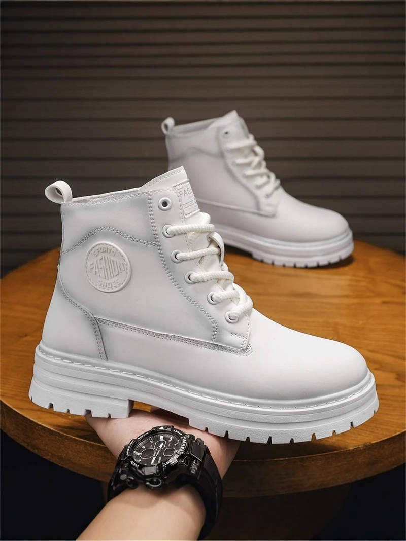 Men's High-Top  Boots Casual Leisure Workwear Heightening White Leather Shoes round Toe Low Heel Durable Rubber Sole