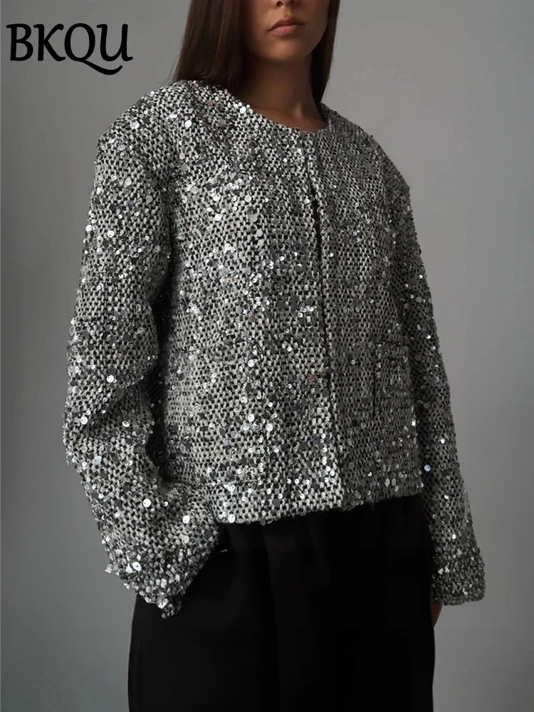 BKQU Tweed Sequined Jackets Women Casual Loose Round Neck Long Sleeved Cropped Silver Cardigan Autumn Female Warm Elegant Coats