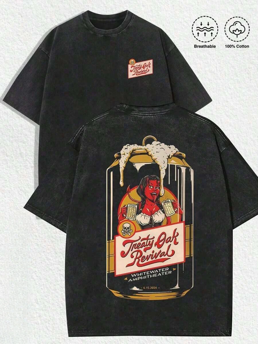 Treaty Oak Revival Retro Distressed Black Tee, Golden Beer Can & Red Devil Print, 100% Cotton Unisex Oversized T-Shirt
