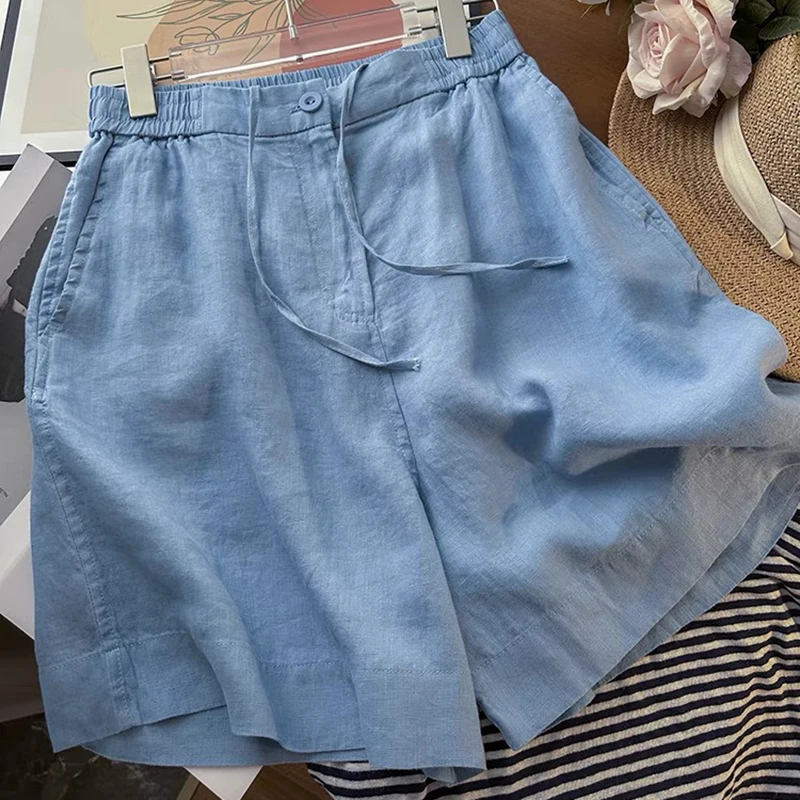 Calças Curtas Fenas de Aodão e Linho com Pernas Retas, Novas para o Verão, Casuais, de Cintura Alta, Largura de Perna A...