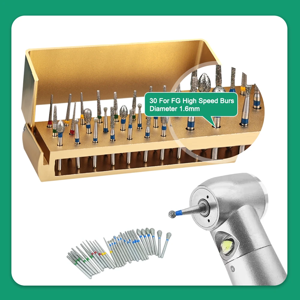 Colorful 30Pcs/Set Dental Diamond Burs Drill Teeth Polishing Drillls With Aluminum Disinfection Holder Block For Dental Lab Tool