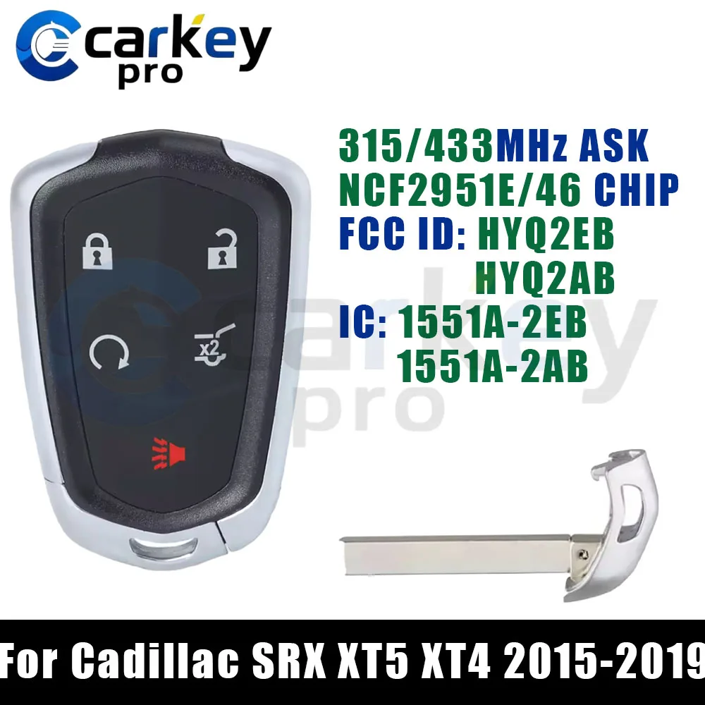 Carkeypro 4+1 Buttons Smart Key 315/433 MHz NCF2951E HITAG 2 46 Chip HYQ2AB HYQ2EB For Cadillac SRX XT5 XT4 2015-2019