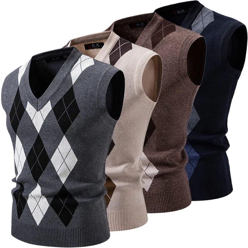 

New Mens Argyle Knitwear Vest V Neck Sleeveless Casual Slim Fit Pullover Knitted Sweater Outdoor Streetwear Casual Tank Tops