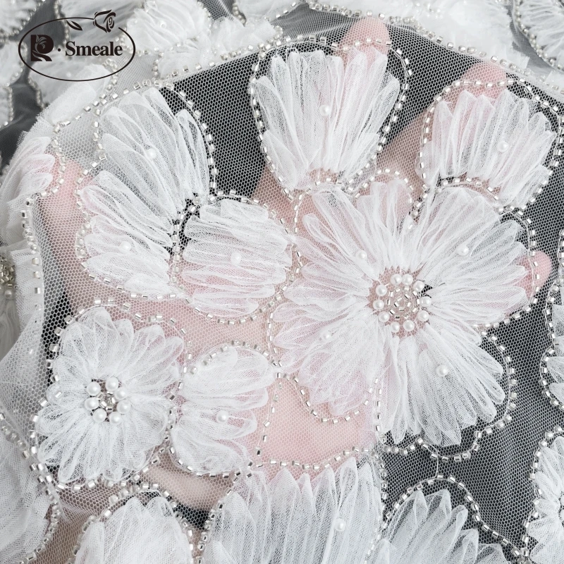 Besticktes Spitzens toff für Kinder bekleidung, 3D-Mesh-Blumen, Silber perle, Perlen-Hochzeits kleid, Spitzen band, RS5036, 3 Farben – Detail 8