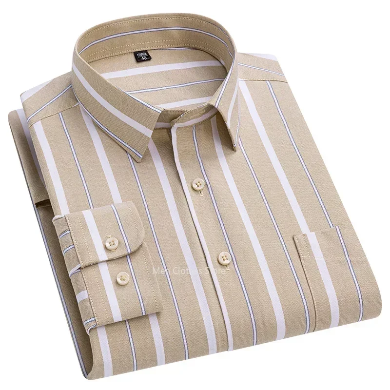 

Four Seasons Men's Oxford Striped Long Sleeve High Quality Pure Cotton Soft Comfort Slim Fit Man Dress Shirt for Male Large Size