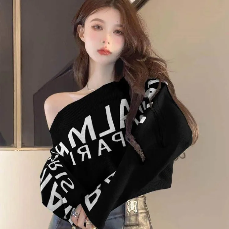 Sweet Lazy Letter Print Sweaters Mujer Autumn Slash Neck Knitted Tops Women Y2k E-Girl Long Sleeve Bottoming Pullovers