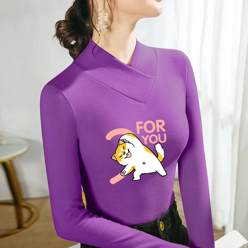 

Cute Dog Print Long Sleeve Stretch T-shirt Women Autumn Winter Velvet Warm Basic Pullover Bottoming Shirt Fashion Female Top