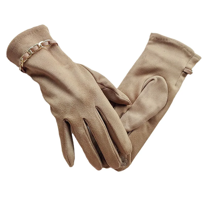 

Women Winter Coldproof Touch Screen Driving Warm Glove Metal Leather Chain Suede Leather Windproof Cycling Mitten R79