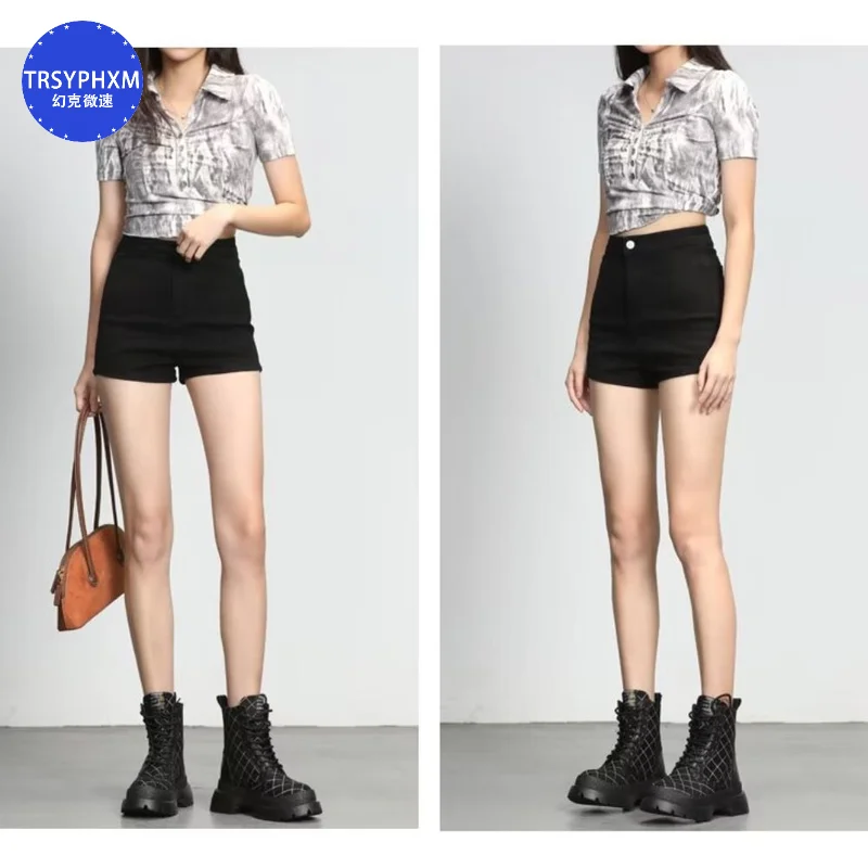 

TRSYPHXM 2024.8.1 new Summer Women's Black Cowboy Shorts, High Waist American Hot Girl Tight Hot Pants