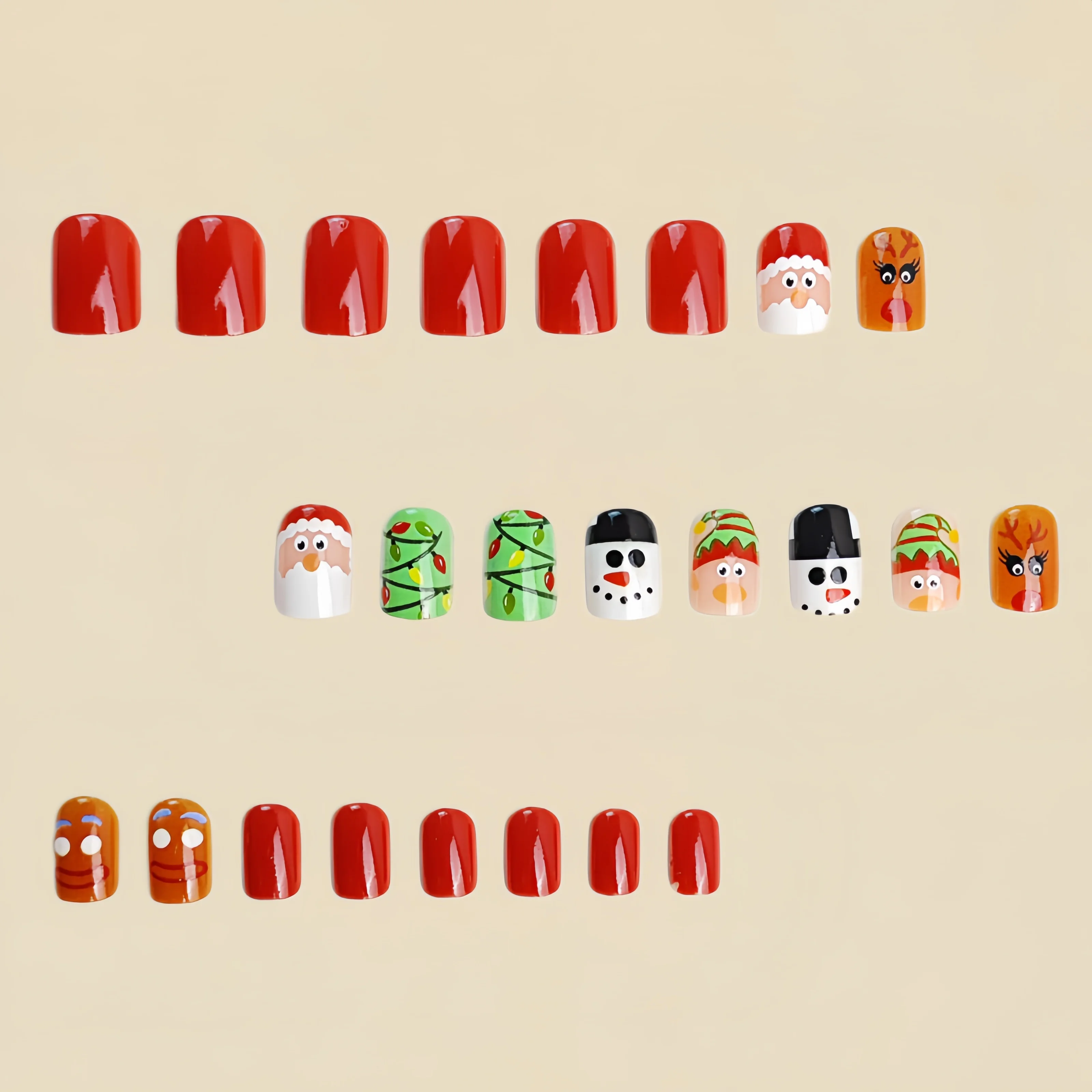 24pcs Christmas Ballet Square Short Nail Christmas Elf Snowman Reindeer Pattern Removable Fake Nail Stickers  Christmas Nail Set