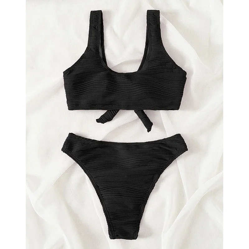 Trendy Solid 2 Piece Swimsuit Women Sexy Lace Up Suspender Thong Bikini Set Summer 2025 New Simple Ladies Beachwear Bathing Suit