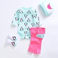 Clearance 4Pcs 9M Penguin Print Long Sleeve Cotton Baby Girl Bodysuit Ruffle Pants Hat Socks Set
