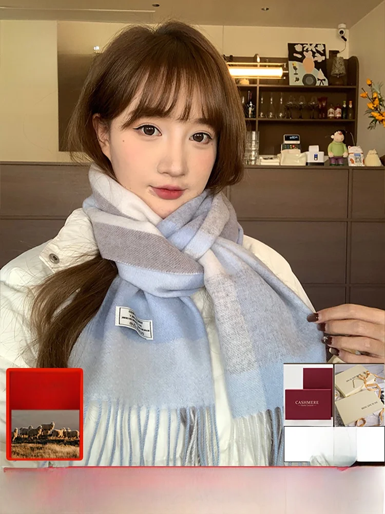 トレンディな韓国風チェック柄ウールスカーフ-レディース-冬の雰囲気-タッセル付きショール-暖かい-多用途-ロング長方形柄-ユニセックス