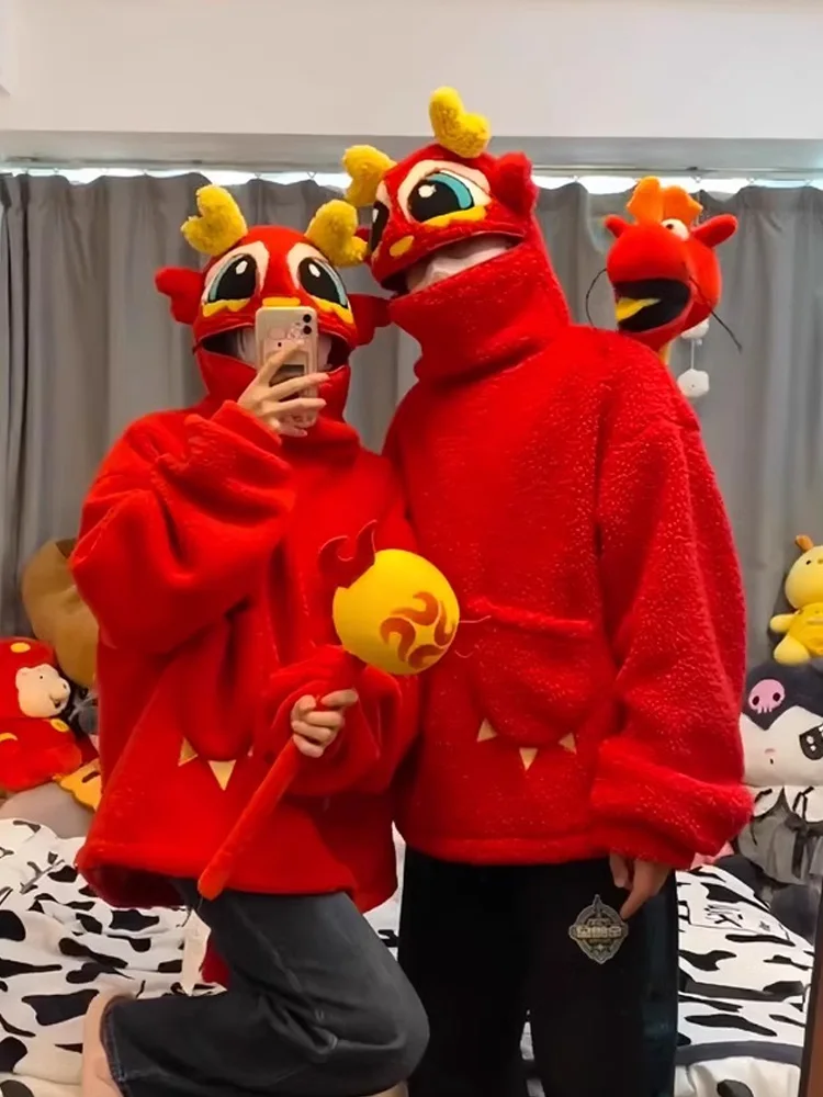 

Утепленная толстовка из овечьего вельвета для пар, зимняя одежда, теплая, к Году Дракона, красная, для молодежи, повседневная, приталенная