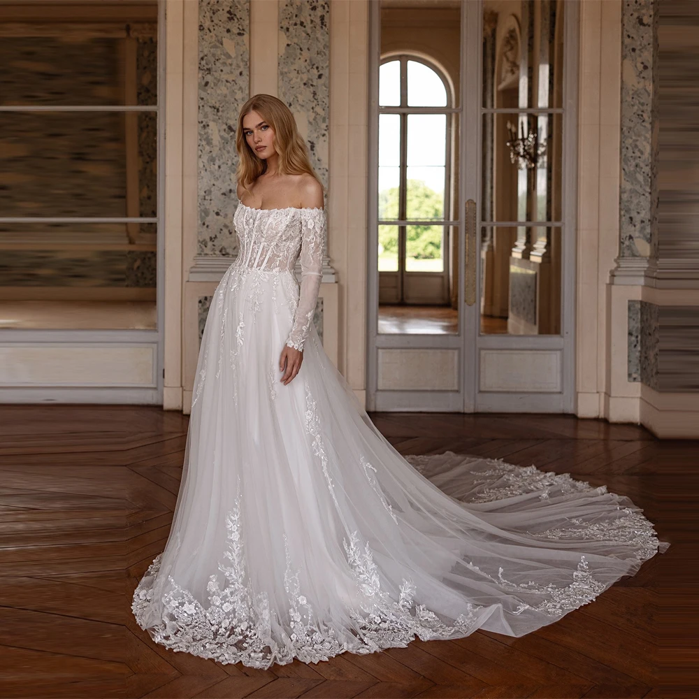 

Elegant A-Line Wedding Dresses Off Shoulder Long Sleeves Backless Prom Gowns Mopping Length Princess Vestido De Novia Customized