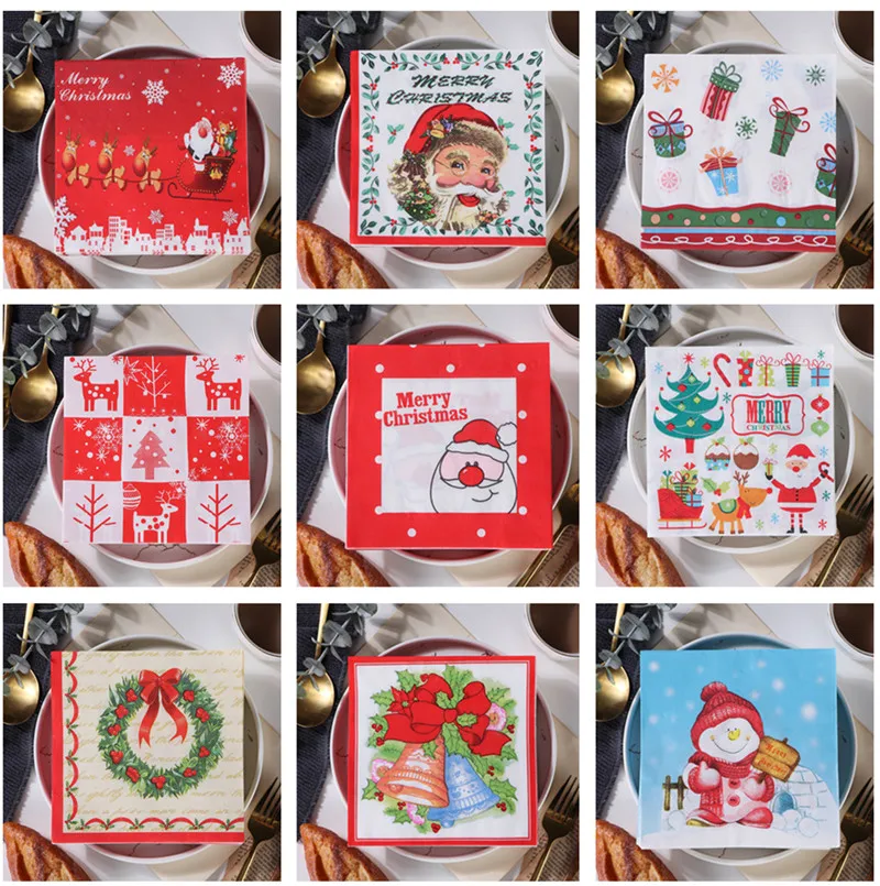 20Pcs/pack 33x33cm Merry Christmas Series Printed Paper Disposable Tableware Napkin Tissues Xmas Party Decor