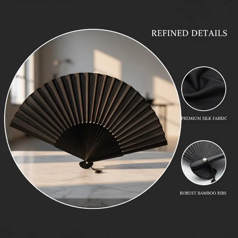 2026 New Black Vintage Folding Hand Fan Lightweight Handheld Fan for Family Gathering Wedding Dance Home Party