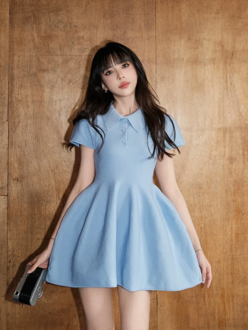 

Sweet Girl Preppy Style Polo-neck Dress for Women's Summer Slim Fit A-line Knitted Short Dress Fashion Female Clothes