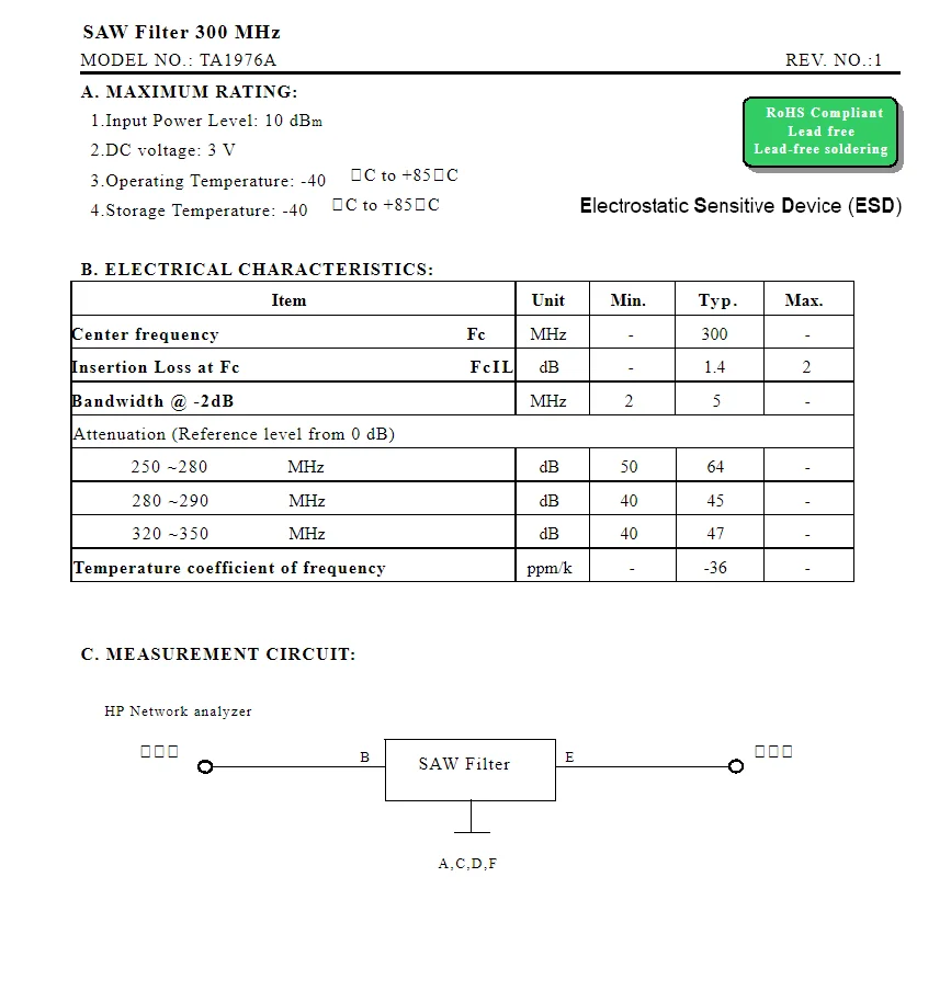 (10PCS)  TA1976A code Cx brand new genuine 300MHZ packaged SMD SAW filter