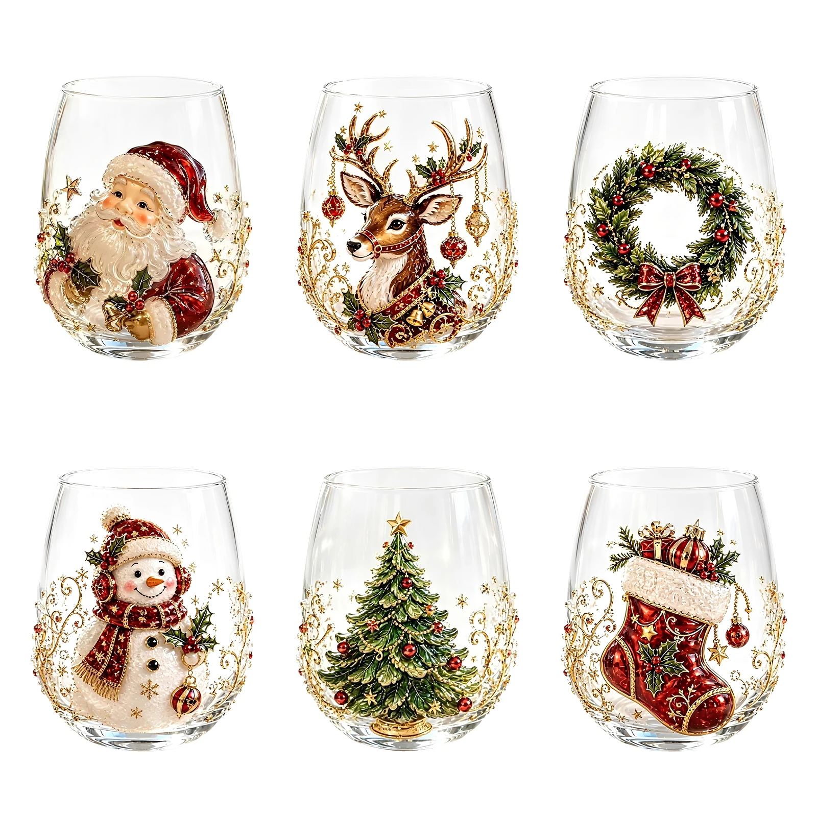 3D Embossed Christmas Glass Cup Santa Snowman Reindeer Tree Holiday Drinkware Festive Table Decor Christmas Gift Glassware