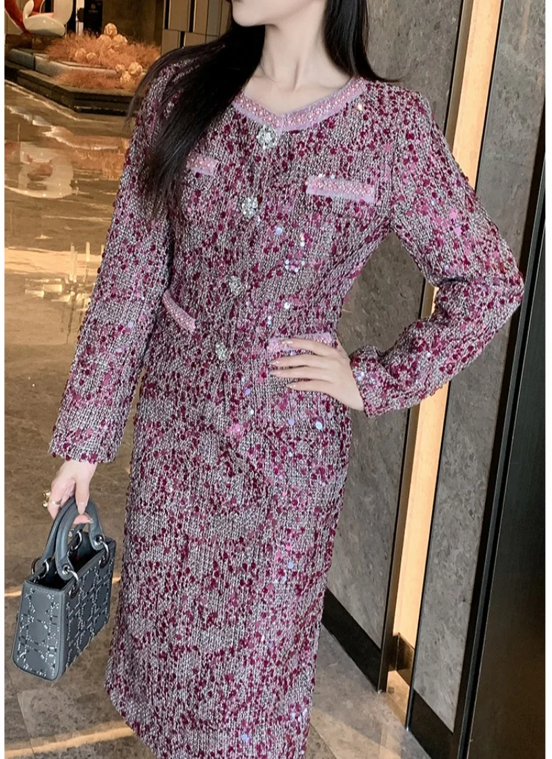 Streetwear Elegant Red Tweed 2 ชิ้นชุดผู้หญิงรันเวย์ออกแบบเสื้อแขนยาวและกระโปรง Lady Holiday Party Chic กระโปรงชุด