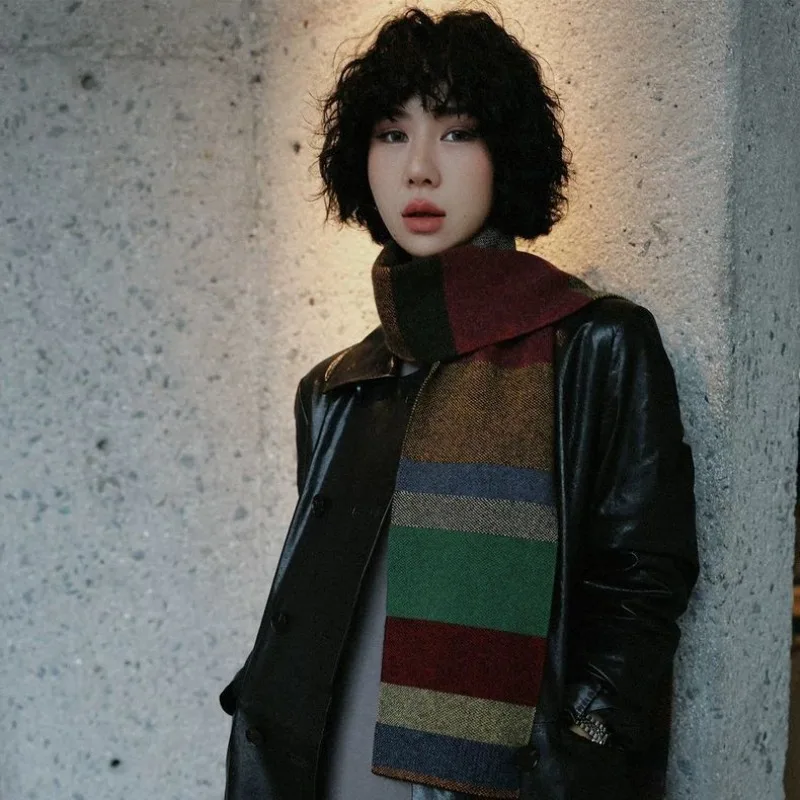 

Color stripe double-sided knit scarf for women, autumn and winter premium thick warm fashionable versatile neck wrap