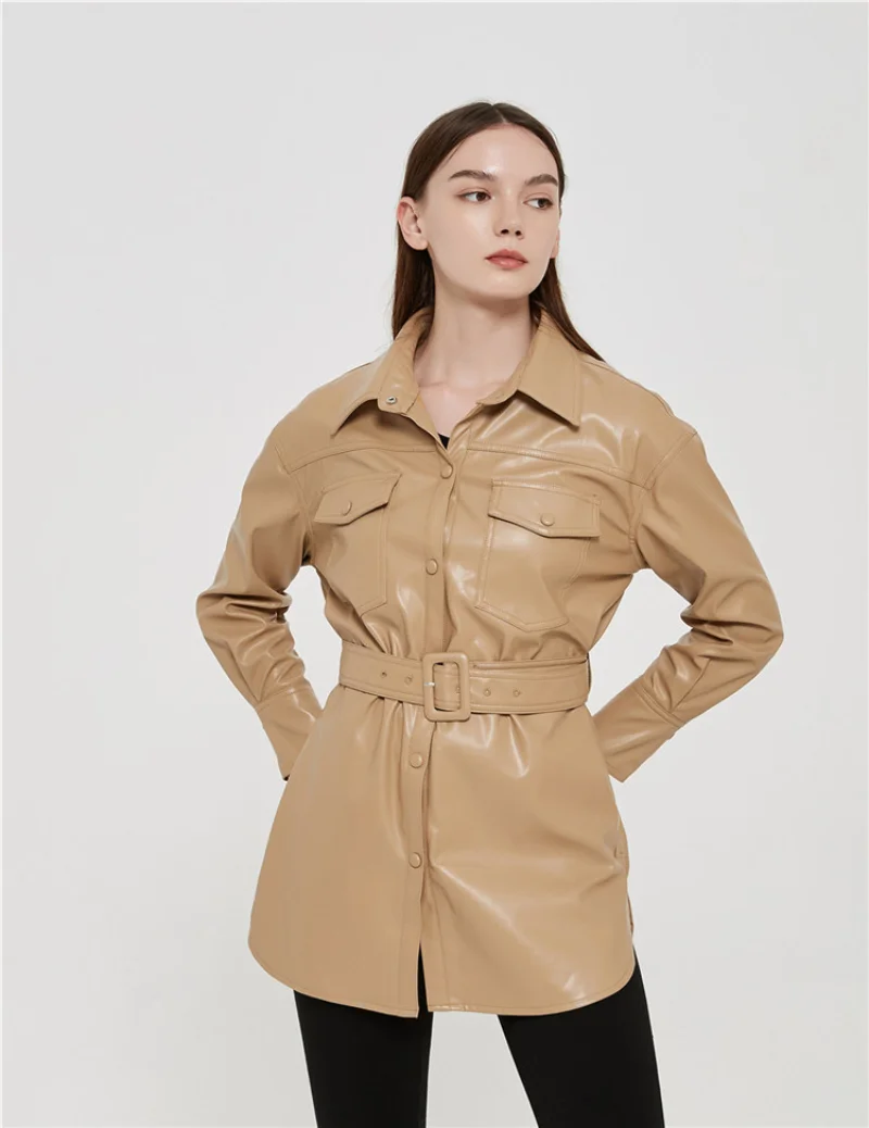 Imagem -02 - Frente Feminina Faux pu Jaqueta de Couro Vintage Casual Manga Longa Lapela Botão up Moto Blazer Biker Trench Coat Outerwear Feminino