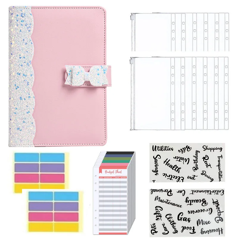 A6 Cute Bow Budget Binder Shiny Leather 6 Ring Mini Binder for A6 Binder with Magnetic Buckle Closure