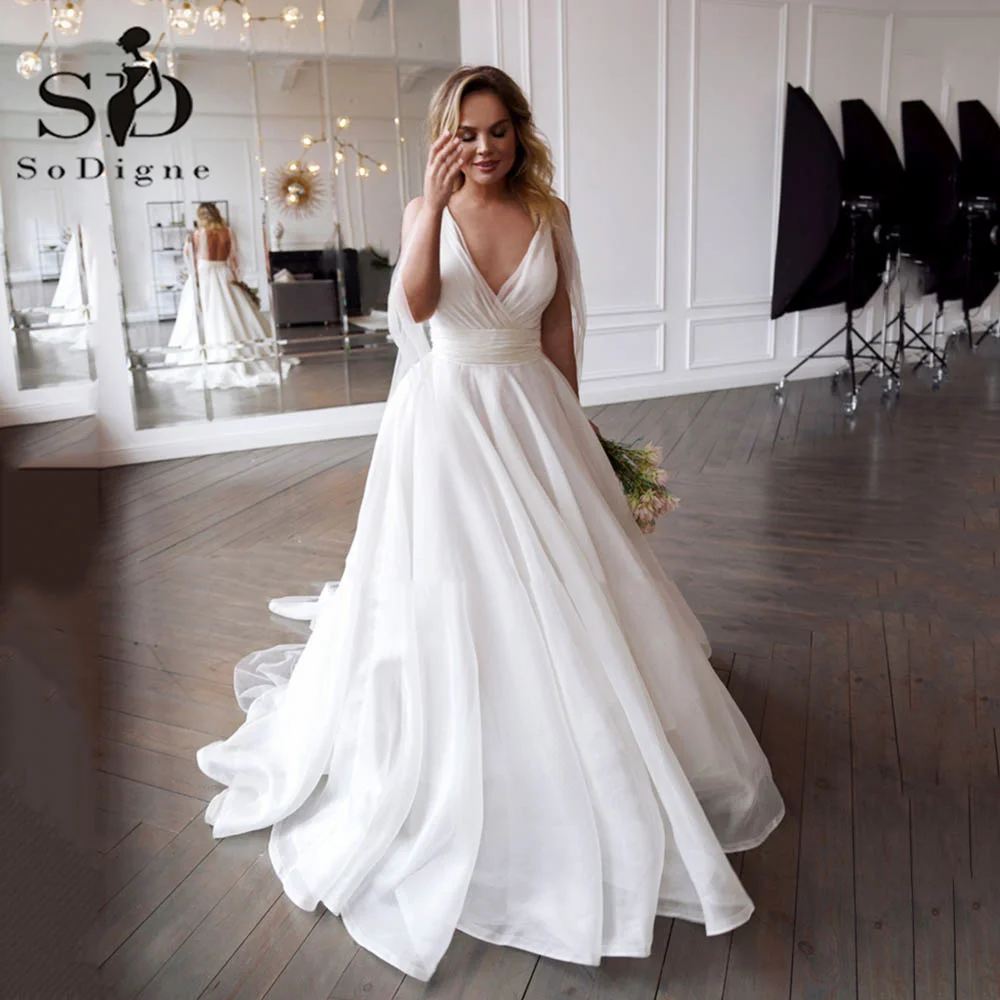 

SoDigne Modern V-neck A Line Wedding Dress Organza Plus Size Wedding Gowns Sexy Backless Sleeveless Bridal Party Dress