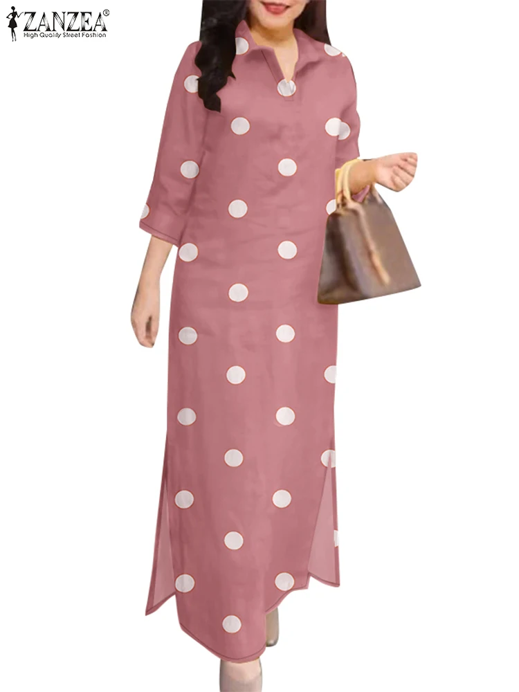 2025 ZANZEA Eleagnt Polka Dot Dress Donna Estate Vestito Estivo Moda Risvolto Collo Manica 3/4 Baggy Lavoro Abiti Robe Femme Plus Size