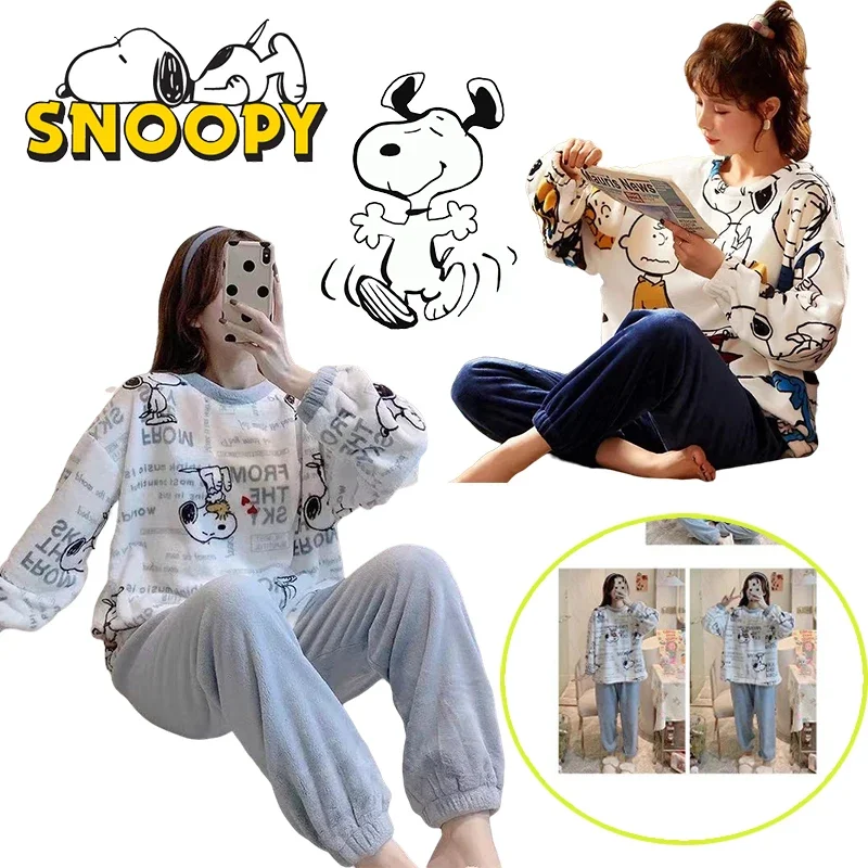 Snoopy Winter Pajamas Coral Fleece Cartoon Anime Homewear Thickened Set Women Casual Sleepwear Warm Long-Sleeved Trousers Set