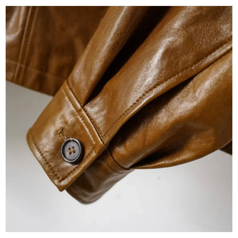 여성용 가을 첫 번째 레이어 양가죽 재킷 레트로 오일 왁스 A급 양가죽 여성용 드로스트링 허리 캐주얼 리얼 가죽 재킷