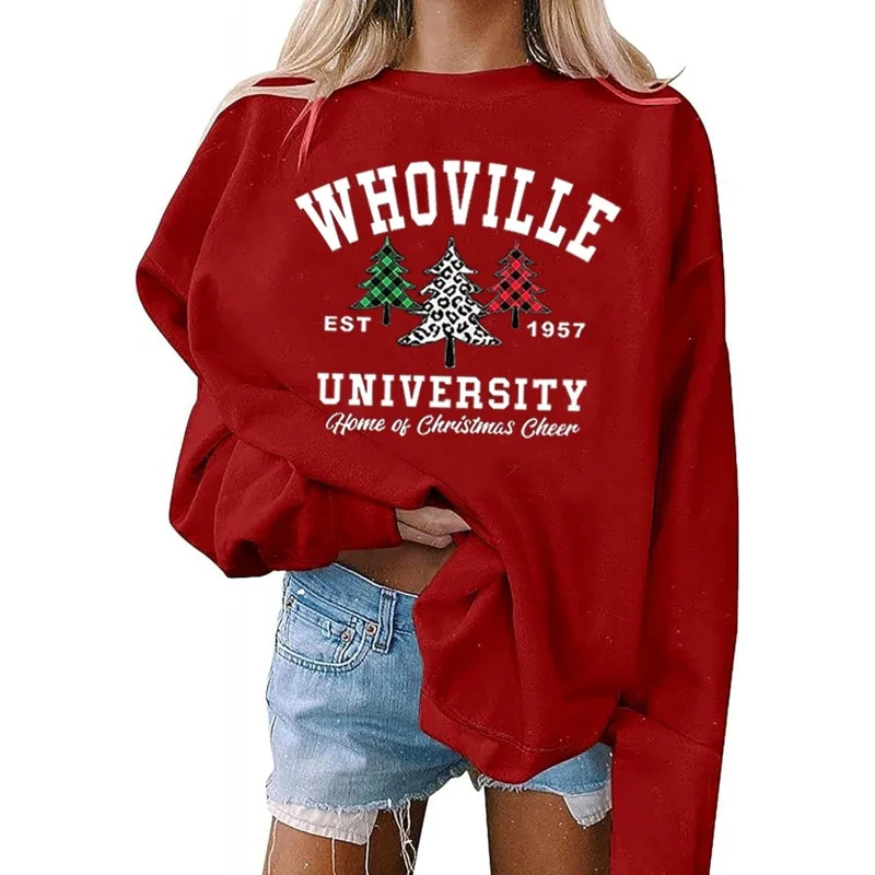 

Christmas University Sportswear Women's Buffalo Checkered Tree Pattern Party Long Sleeve Top