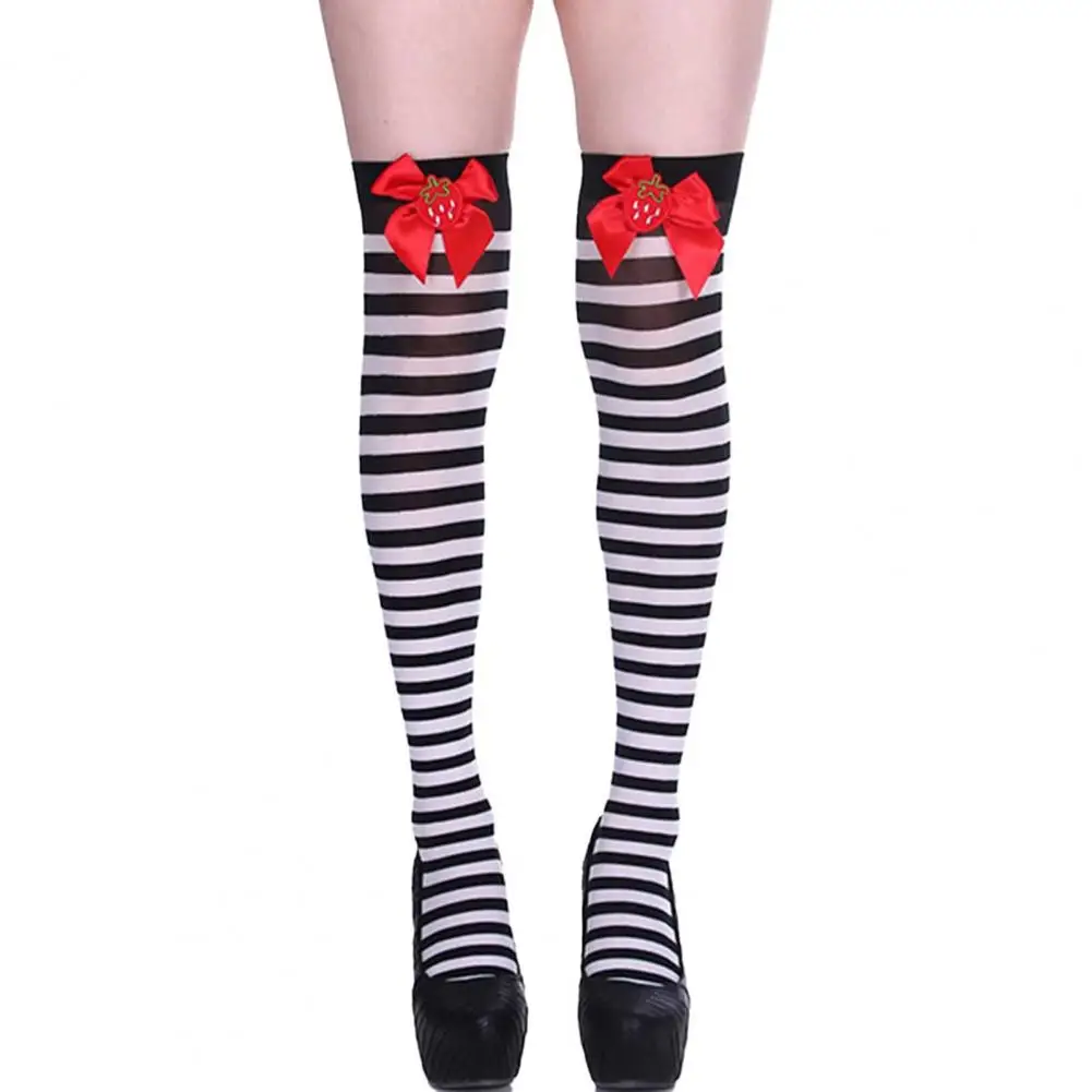 1 par de medias navideñas para mujer, calcetines hasta la rodilla a rayas con bloques de colores, decoración de lazo, medias ajustadas para actuaciones, calcetines largos para Cosplay