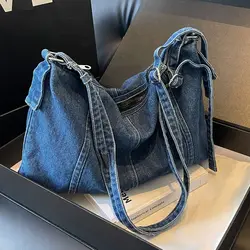 Denim Shoulder Bags for Women Soft Hobos Handbag with Zipper Female Foldable Crossbody Purse Female Travel Bag in Blue Black
