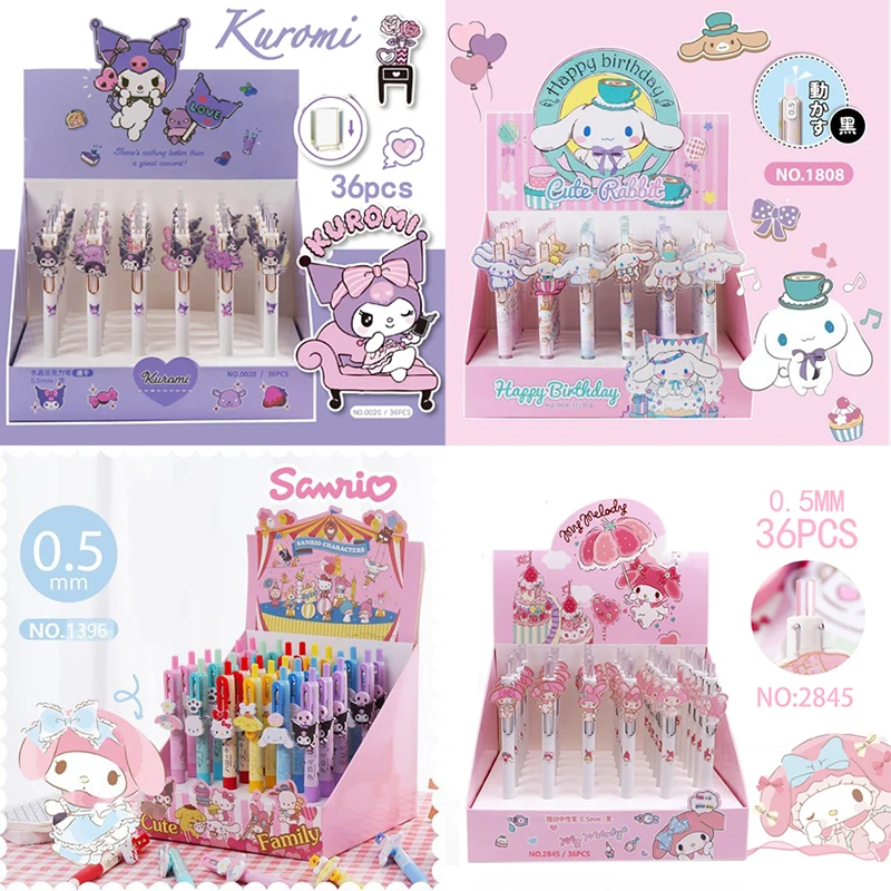 36pcs Sanrio Gel Pens Hellokitty Kuromi Cinnamoroll Melody Cute Roller Ball Pen Neutral Pen School Supplies Stationery Wholesale