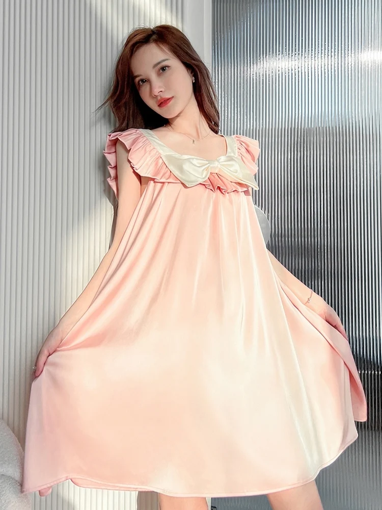 Summer New Ice Silk Sexy Large Size Elegant Lace Sweet Bow Home Wear Girls Square Collar A-line Ruffles Suspender NightDress