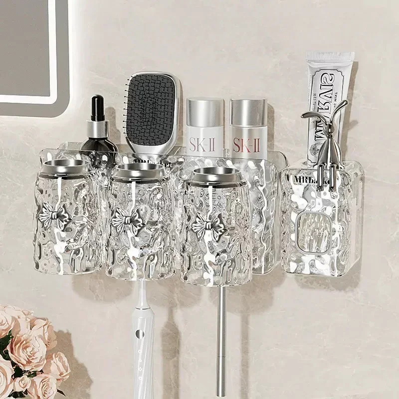 2/3/4 PCS Stylish Glacier Pattern Toothbrush Holder, Wall-Mounted Storage Shelf No punching required, and Cup Rack