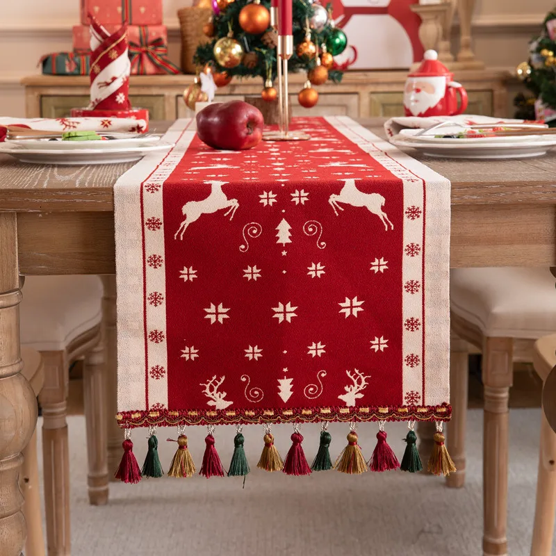 Christmas Yarn-Dyed Jacquard Table Runner Christmas Deer Gift Christmas Hat Tassel Table Flag Bucket Cabinet TV Cabinet Cover